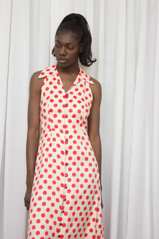 1970s Creme & Poppy Polka Dot Maxi Dress — Wayward Collection